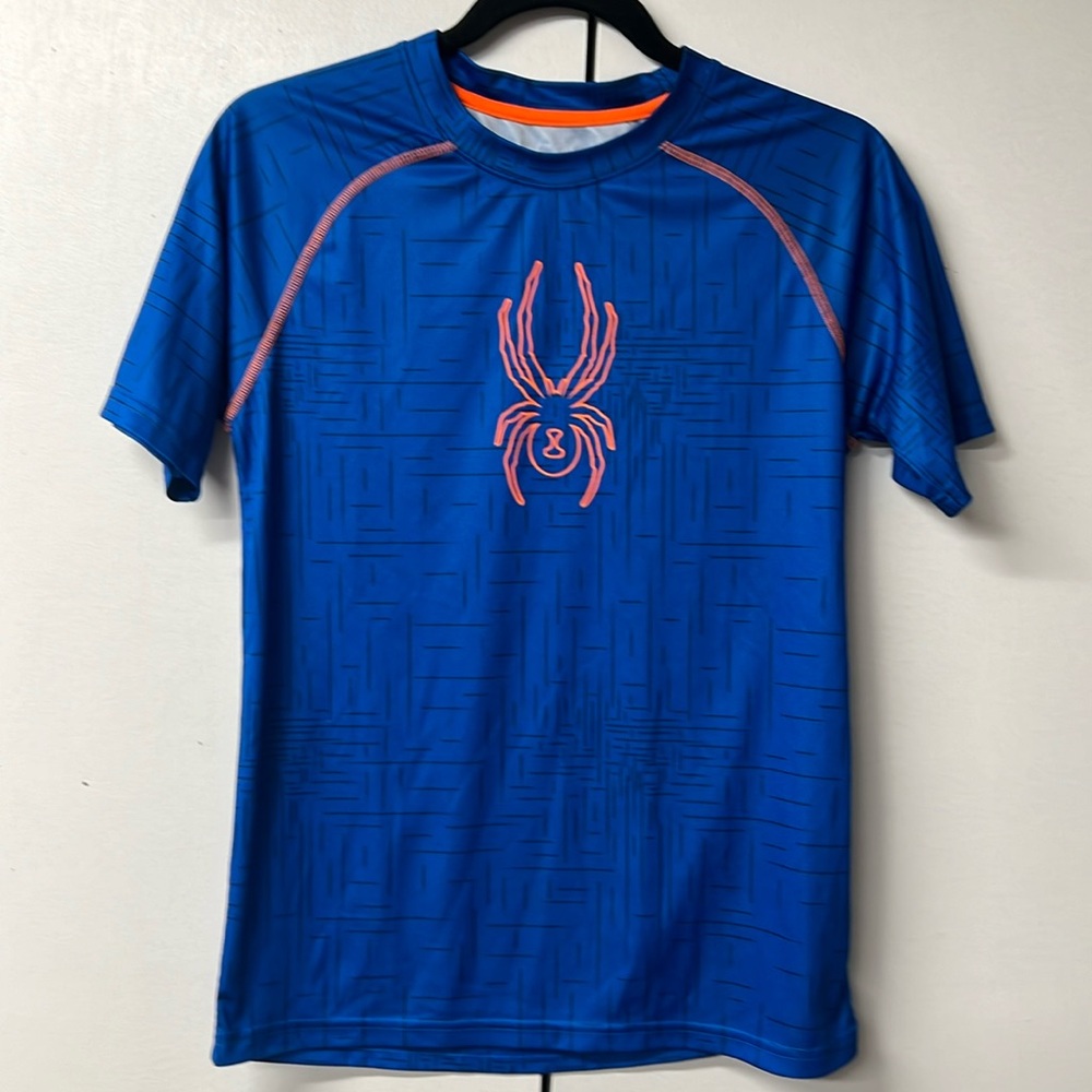 Spyder brand athletic short sleeve shirt. Blue, black and bright orange.